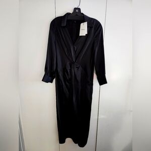 NWT Theory Twist Black Satin Twist Collared Midi Dress Size 6